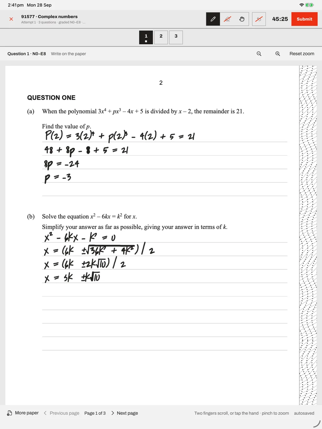 Method on iPad: handwritten working on the NZQA booklet page for 91577 Complex numbers, Question One